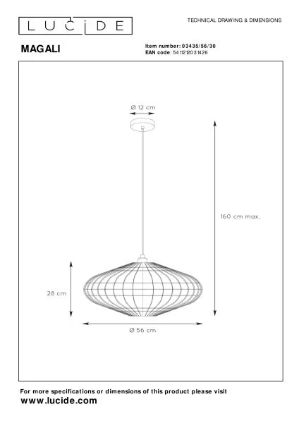 Lucide MAGALI - Suspension - Ø 56 cm - 1xE27 - Noir - TECHNISCH